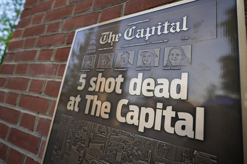 A plaque is seen at the Guardians of the First Amendment memorial, which is dedicated to the victims of the newsroom shooting of 2018, Thursday, July 15, 2021, in Annapolis, Md. Elyzabeth Marcussen left the paper three years prior to the shooting, but still had friendships with staff, including most of the people killed by Jarrod W. Ramos, the gunman which jury found criminally responsible, rejecting defense attorneys' mental illness arguments, on Thursday. (AP Photo/Julio Cortez)
