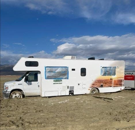 The RV that Palm Springs resident Bob Bogard and his friends took to Burning Man 2023 in Black Rock City, Nevada in the mud after rain at the festival over the weekend.