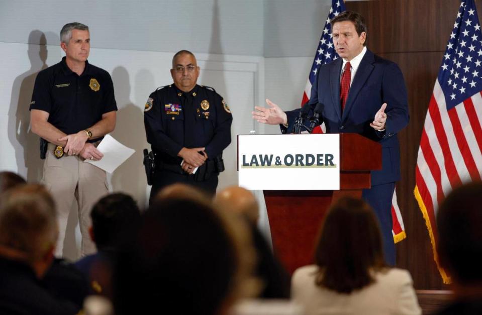 Gov. Ron DeSantis speaks during a press conference proposing anti-crime legislation at the Police Benevolent Association in Miami on Thursday, Jan. 26, 2023.