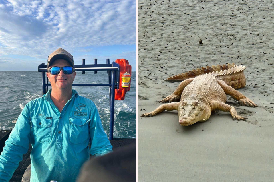 Left: Boat captain Malcolm Slack in his boat. Right: The golden crocodile on the banks of a river in Weipa.