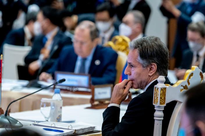 Antony Blinken and Russia’s Sergei Lavrov at an ASEAN meeting in Cambodia on Friday (AP)