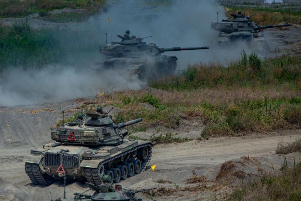 Taiwan's M60A3 tanks manoeuvre during the Han Kuang military exercise, which simulates China's People's Liberation Army (PLA) invading the island on July 27, 2022 in New Taipei City, Taiwan