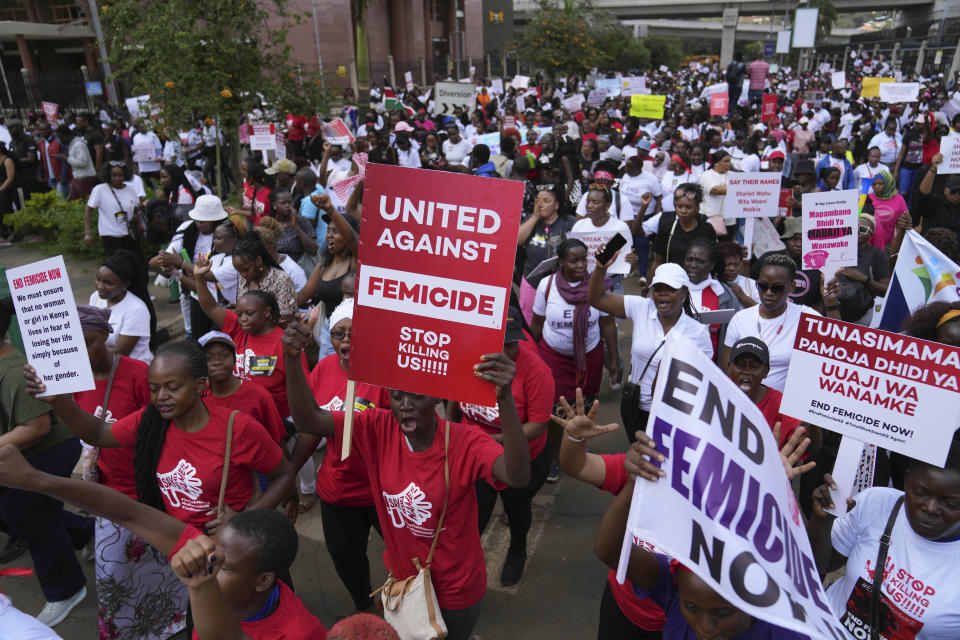 Women and feminists in Kenya march against the rising cases of femicide, in downtown Nairobi, Kenya Saturday, Jan. 27, 2024. Thousands of people marched in cities and towns in Kenya during protests Saturday over the recent slayings of more than a dozen women. The anti-femicide demonstration was the largest event ever held in the country against sexual and gender-based violence. (AP Photo/Brian Inganga)