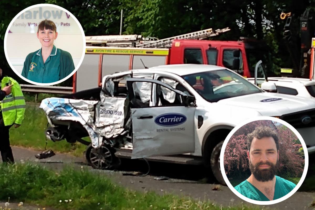 Nurse managers Helen Parry and Harry Williams at Marlow Vets in Chepstow have been praised for their 'outstanding' actions to help save a man during Tuesday's crash in Chepstow <i>(Image: Newsquest / Marlow Vets)</i>