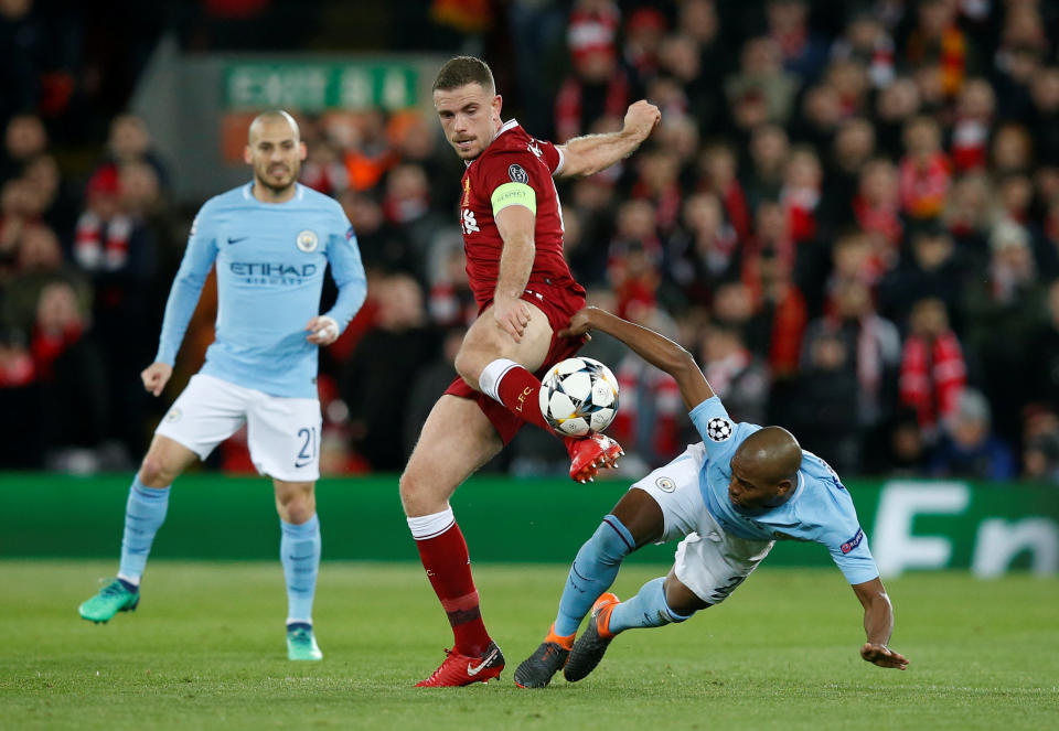 <p>Soccer Football – Champions League Quarter Final First Leg – Liverpool vs Manchester City – Anfield, Liverpool, Britain – April 4, 2018 Liverpool’s Jordan Henderson in action with Manchester City’s Fernandinho REUTERS/Andrew Yates </p>