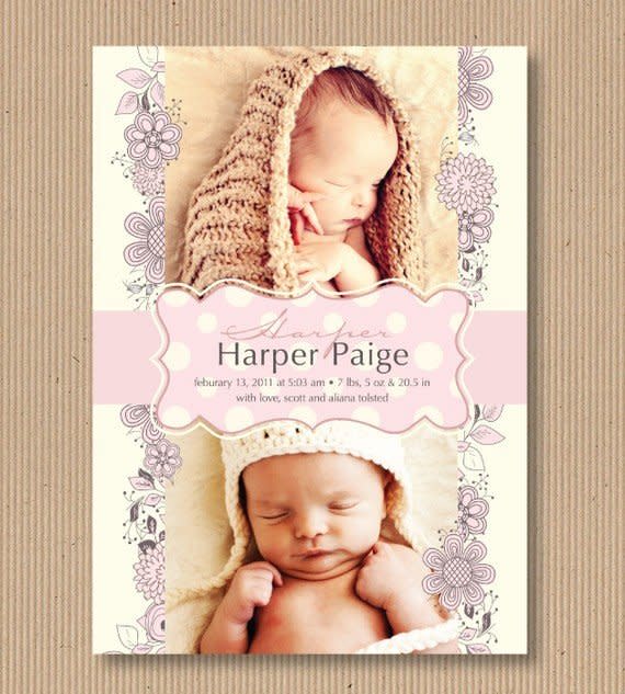 (Etsy/<a href="http://www.etsy.com/listing/71461684/girls-birth-announcement-photo-card-i?ref=sr_gallery_33&ga_search_query=baby+girl&ga_view_type=gallery&ga_ship_to=ZZ&ga_min=0&ga_max=0&ga_page=5&ga_search_type=all">RoxterDesigns</a>, $18)