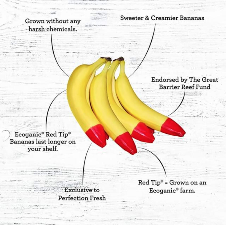 Features of red tip bananas, sold at Coles and Woolworths