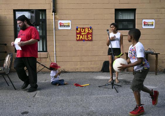 At a Juneteenth celebration in Providence, Anusha Alles, an organiser at Direct Action for Rights and Equality, talks about a bill for ‘fair chance licensing’ that later failed in the legislature