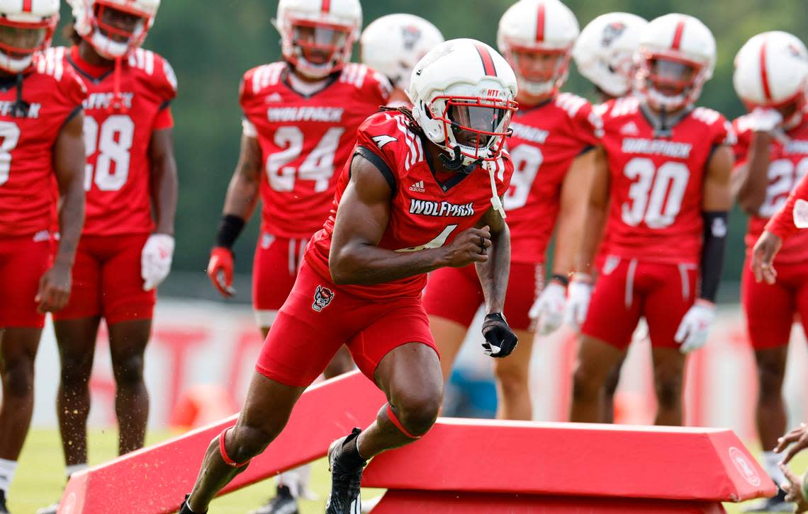 N.C. State cornerback Cecil Powell (4) runs a drill during the Wolfpack’s first fall practice in Raleigh, N.C., Wednesday, August 2, 2023. Ethan Hyman/ehyman@newsobserver.com