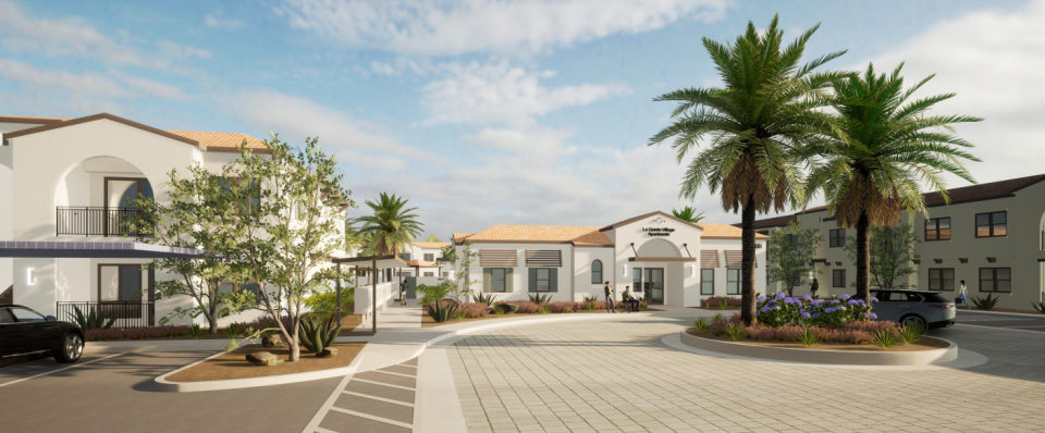 A rendering shows an entrance to the La Quinta Village Apartments.