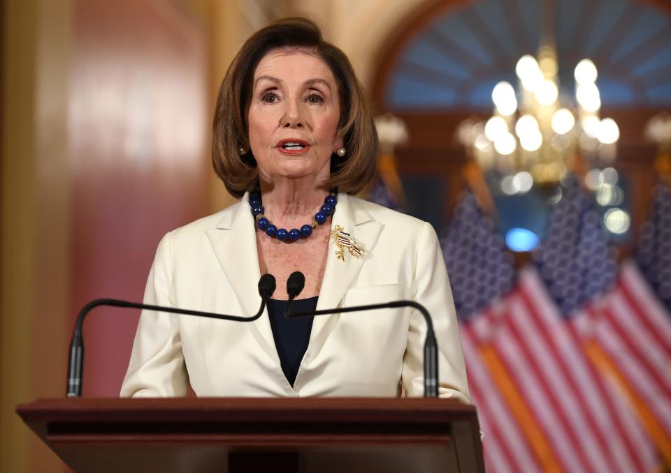 House Speaker Nancy Pelosi delivers a statement about the impeachment inquiry on Capitol Hill Thursday. (Photo by Saul Loeb/AFP via Getty Images)