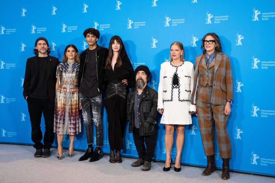 (L-R) US composer Bryce Dessner, US actress Marisa Tomei, actor Evan Ellison, US actress Anne Hathaway, US actor Peter Dinklage, Polish actress Joanna Kulig and US filmmaker and novelist Rebecca Miller pose during a photocall for the film 