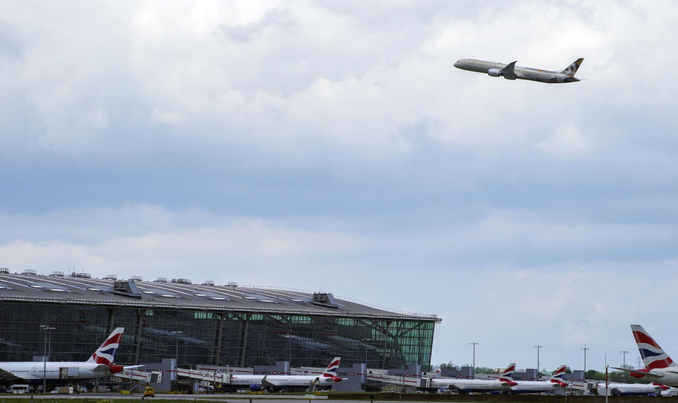 A plane takes off at Heathrow Airport, West London, as thousands of people have departed on international flights after the ban on foreign holidays was lifted for people in Britain.. Picture date: Monday May 17, 2021. (Photo by Steve Parsons/PA Images via Getty Images)