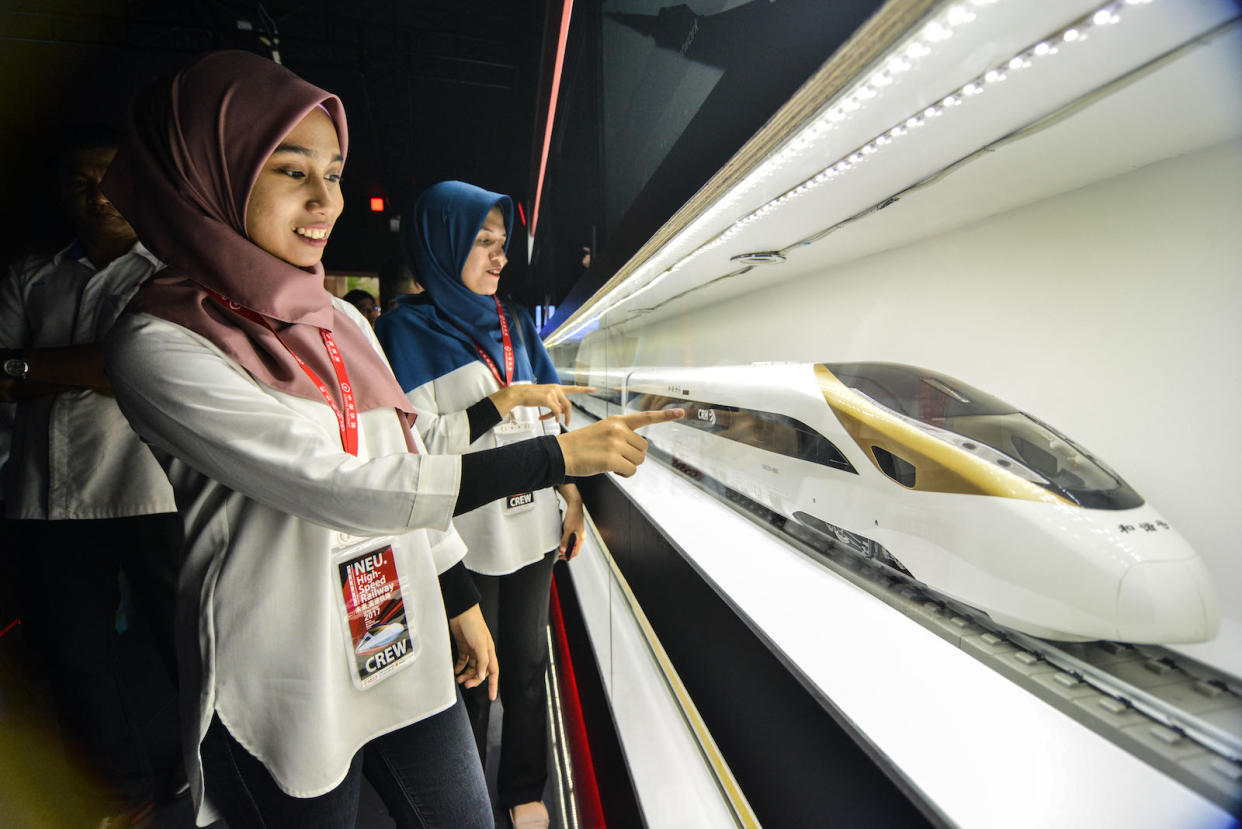 A model of China's bullet train is on display at an exhibition on high speed rail in Kuala Lumpur, Malaysia.