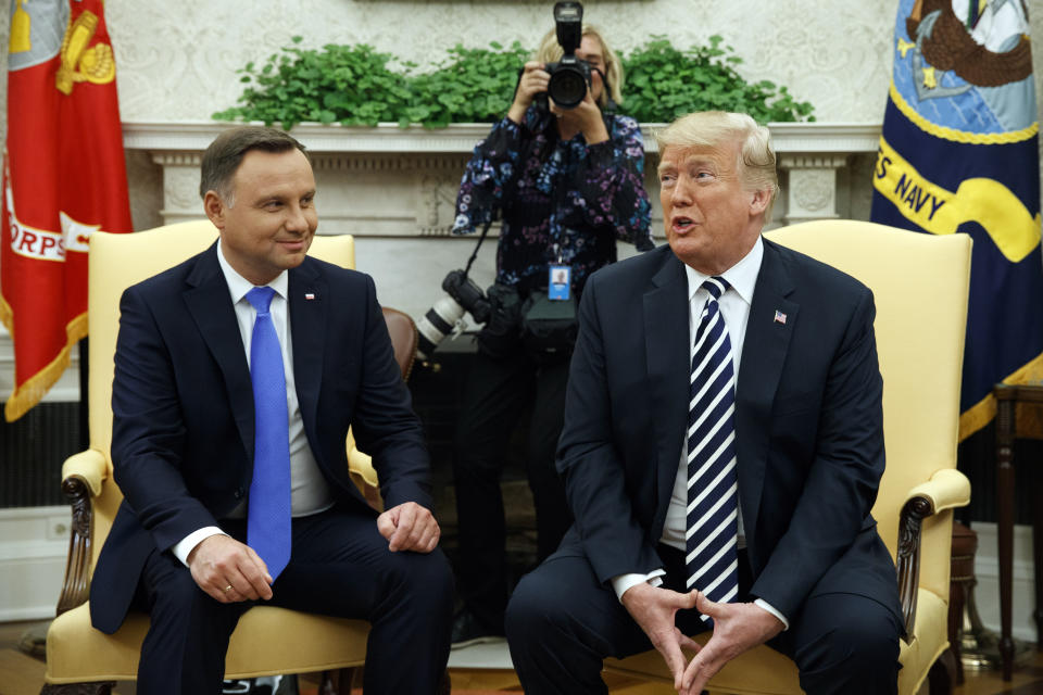 President Donald Trump speaks during a meeting with Polish President Andrzej Duda during a meeting in the Oval Office of the White House, Tuesday, Sept. 18, 2018, in Washington. (AP Photo/Evan Vucci)