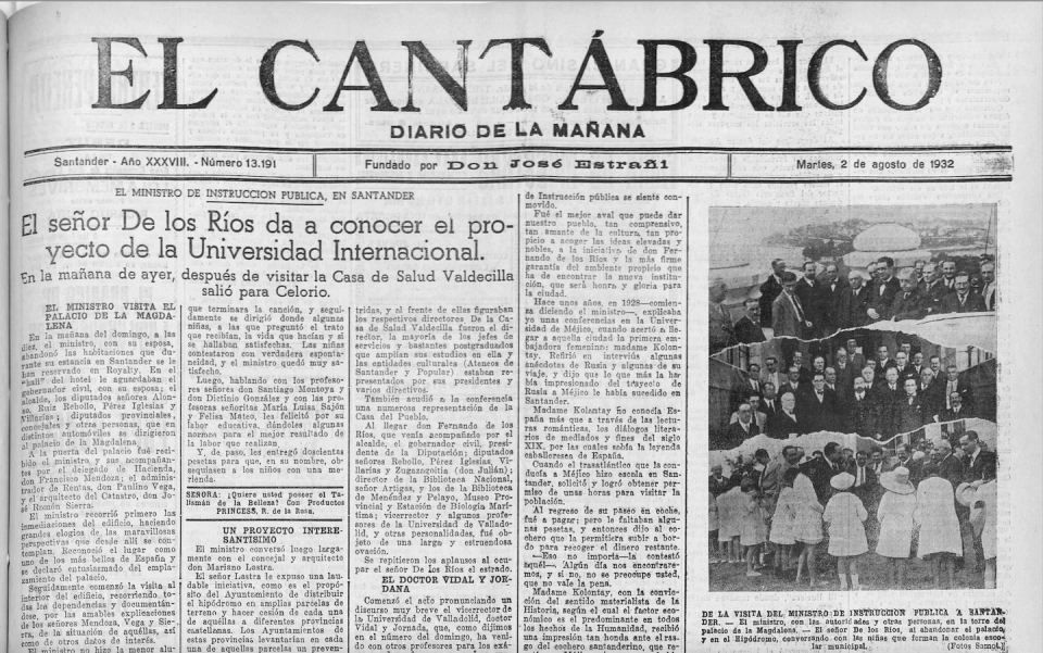 Portada del diario ‘El Cantábrico’ del 2 de agosto de 1932 que alude al anuncio de Fernando de los Ríos sobre la creación de la Universidad internacional de Santander.