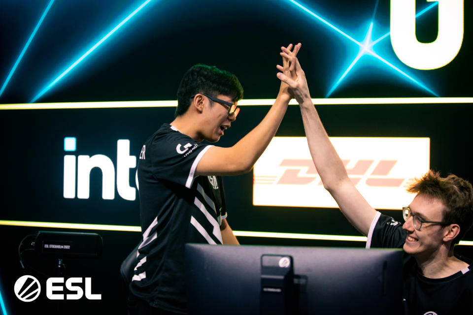 TSM's MoonMeander and SabeRLight celebrate making it to the grand finals of the Stockholm Major. (Photo: ESL)