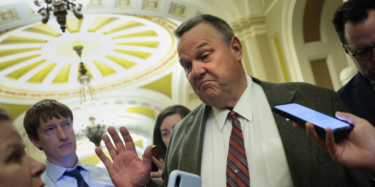 Sen. Jon Tester of Montana talks to reporters at the Capitol on May 01, 2023.