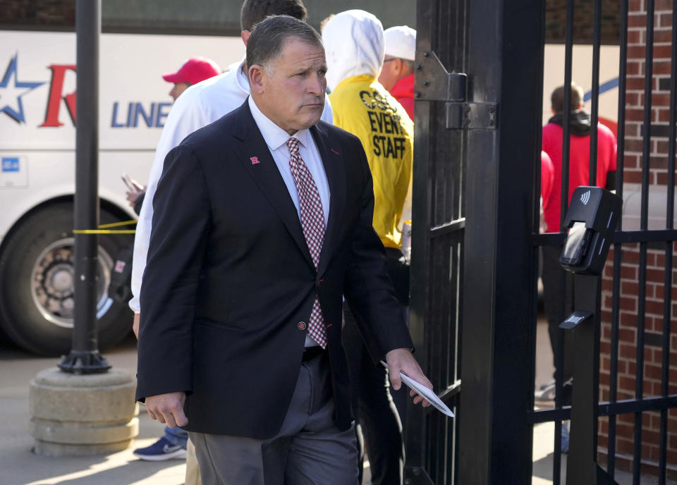 Rutgers head football coach Greg Schiano makes his way to the visiting team locker room before an NCAA college football game against Iowa, Saturday, Nov. 11, 2023, in Iowa City, Iowa. (AP Photo/Bryon Houlgrave)