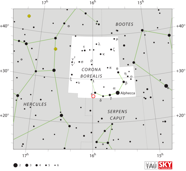 The location of T Coronae Borealis (circled in red) (Wikimedia Commons by PopePompus - Creative Commons Attribution-Share Alike 4.0 International)