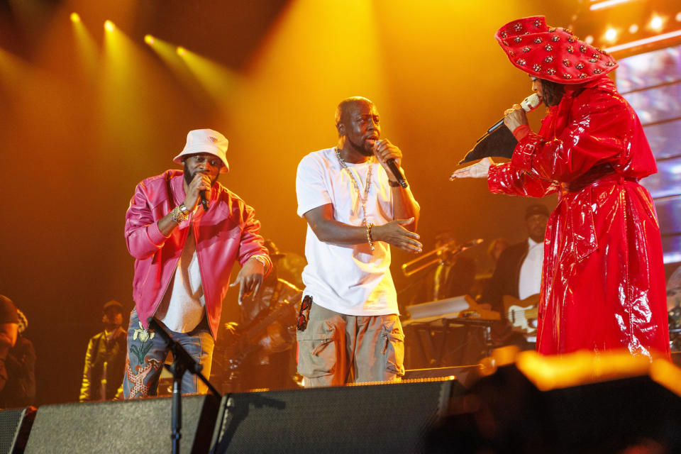 Pras, from left, Wyclef Jean, and Lauryn Hill of the Fugees perform during "The Miseducation of Lauryn Hill" 25th anniversary tour on Sunday, Nov. 5, 2023, at the Kia Forum in Inglewood, Calif. (Photo by Willy Sanjuan/Invision/AP)