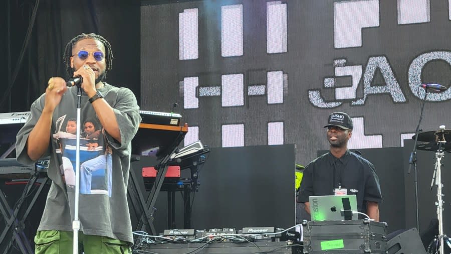 (Left to right) Singer Jack Freeman and DJ-songwriter Bryan-Michael Cox perform onstage at Afropunk Brooklyn: Circus of Soul on Aug. 27, 2023, at Greenpoint Terminal Market in Brooklyn. (Photo by Matthew Allen)