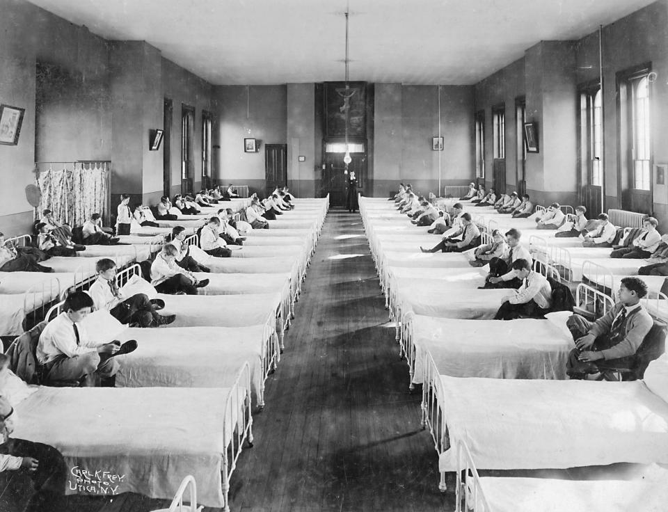 It was early-to-bed, early-to-rise for these boys who attended the St. Vincent’s Industrial School on Rutger Street in Utica, between Taylor and Conkling Avenues (today the site of St. Louis Gonzaga Church). It was run military style by the Christian Brothers and accepted boys between ages 6 and 15, some as far away as New York City. They attended school, received religious instruction and worked at least three hours a day in the school’s machine shop and farms. St. Vincent’s was destroyed by fire in 1925.