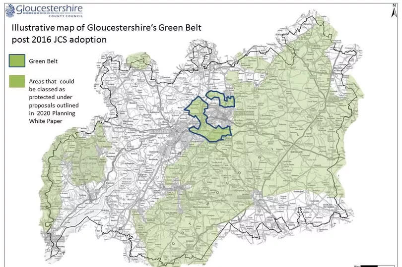 A map showing the current green belt land in Gloucestershire