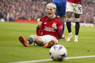 Manchester United's Alejandro Garnacho celebrates after his team was awarded a penalty during an English Premier League soccer match between Manchester United and Everton at the Old Trafford stadium in Manchester, England, Saturday, March 9, 2024. (AP Photo/Dave Thompson)