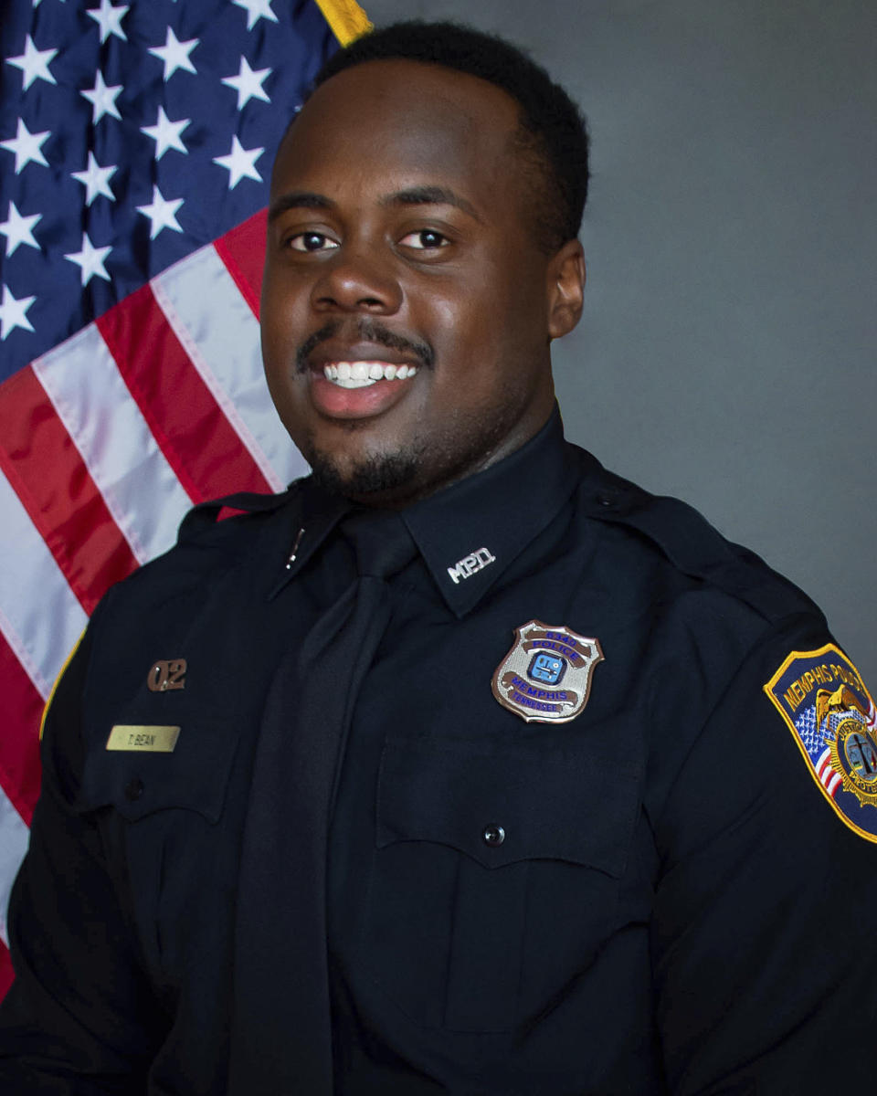 This image provided by the Memphis Police Department shows officer Tadarrius Bean. Memphis is city on edge ahead of the possible release of video footage of a Black man’s violent arrest that has led to three separate law enforcement investigations and the firings of five police officers after he died in a hospital. Relatives of Tyre Nichols are scheduled to meet with city officials Monday, Jan. 23, 2023 to view video footage of his Jan. 7 arrest. (Memphis Police Department via AP)