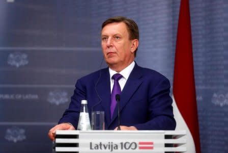 Latvia's Prime Minister Maris Kucinskis holds a joint news conference with Japan's PM Shinzo Abe (not pictured), in Riga, Latvia January 13, 2018. REUTERS/Ints Kalnins