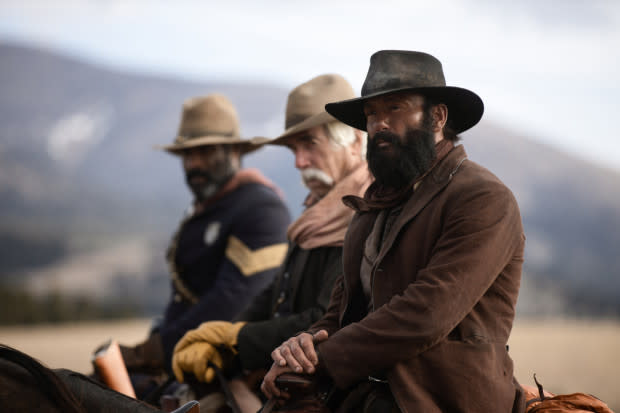 Tim McGraw as James, Sam Elliott as Shea and LaMonica Garrett as Thomas of the Paramount+ original series 1883.<p>Emerson Miller/Paramount+</p>