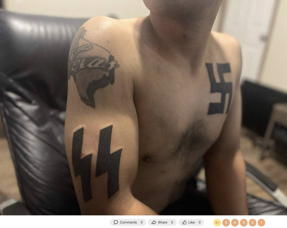 A screenshot from the social media site Odnoklassniki shows Mauricio Garcia’s tattoos, including a swastika. Police say Garcia shot 15 people, killing eight, at the Allen Premium Outlets mall on May 6, 2023. Screenshot from social media account