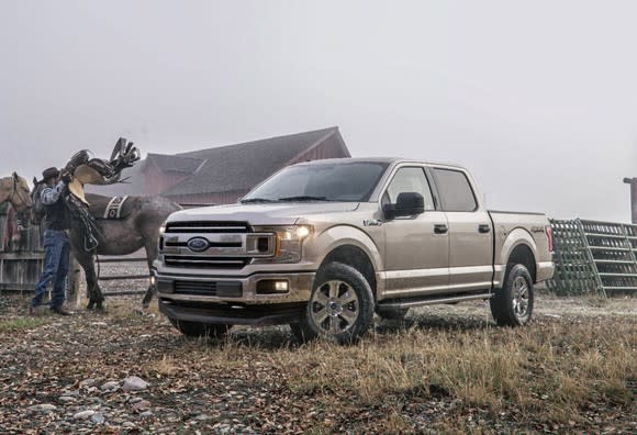 Ford's 2018 F-150 parked on a farm field.