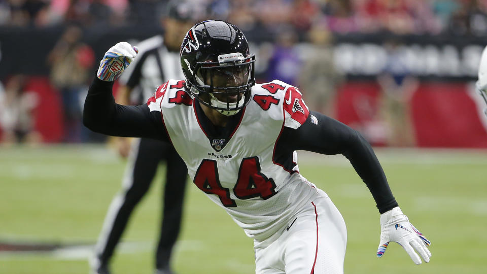 Former Falcons defensive end Vic Beasley has not reported to Titans camp. (AP Photo/Rick Scuteri)