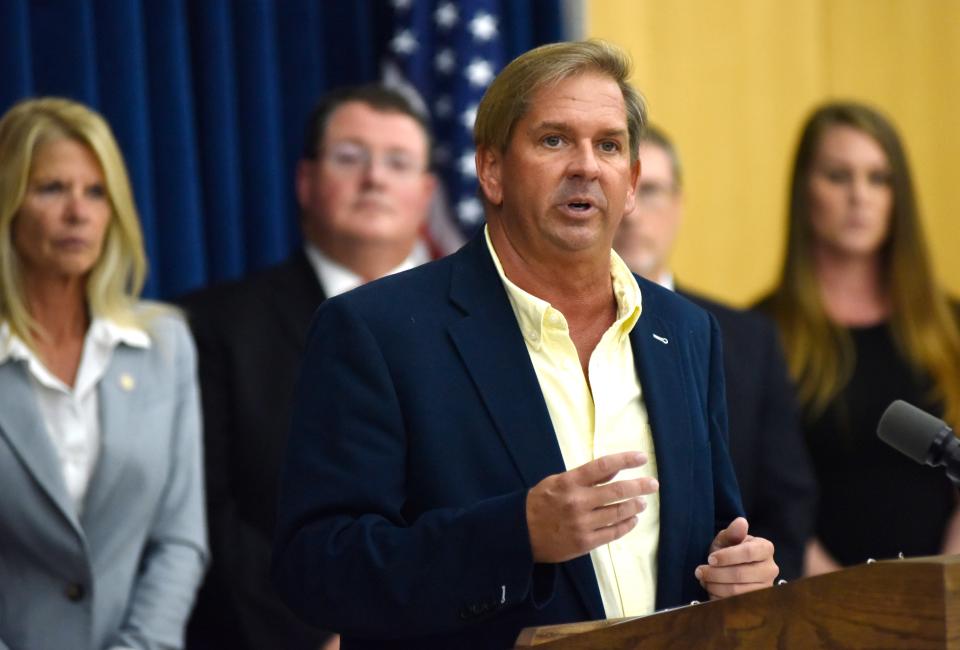 Jeffrey Steele talks about his daughter, who has Down syndrome, being forced to wear a mask at an Oct. 20 press conference with Florida Gov. Ron DeSantis, several state and local officials, and parents of students.
(Credit: TIM SHORTT/ FLORIDA TODAY