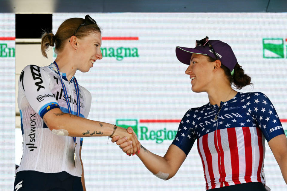 MODENA ITALY  JULY 02 LR Stage winner Lorena Wiebes of The Netherlands and Team SD Worx and Chloe Dygert of The United States and Team CanyonSRAM Racing on third place pose on the podium ceremony after the 34th Giro dItalia Donne 2023 Stage 3 a 1182km stage from Formigine to Modena  UCIWWT  on July 02 2023 in Modena Italy Photo by Dario BelingheriGetty Images