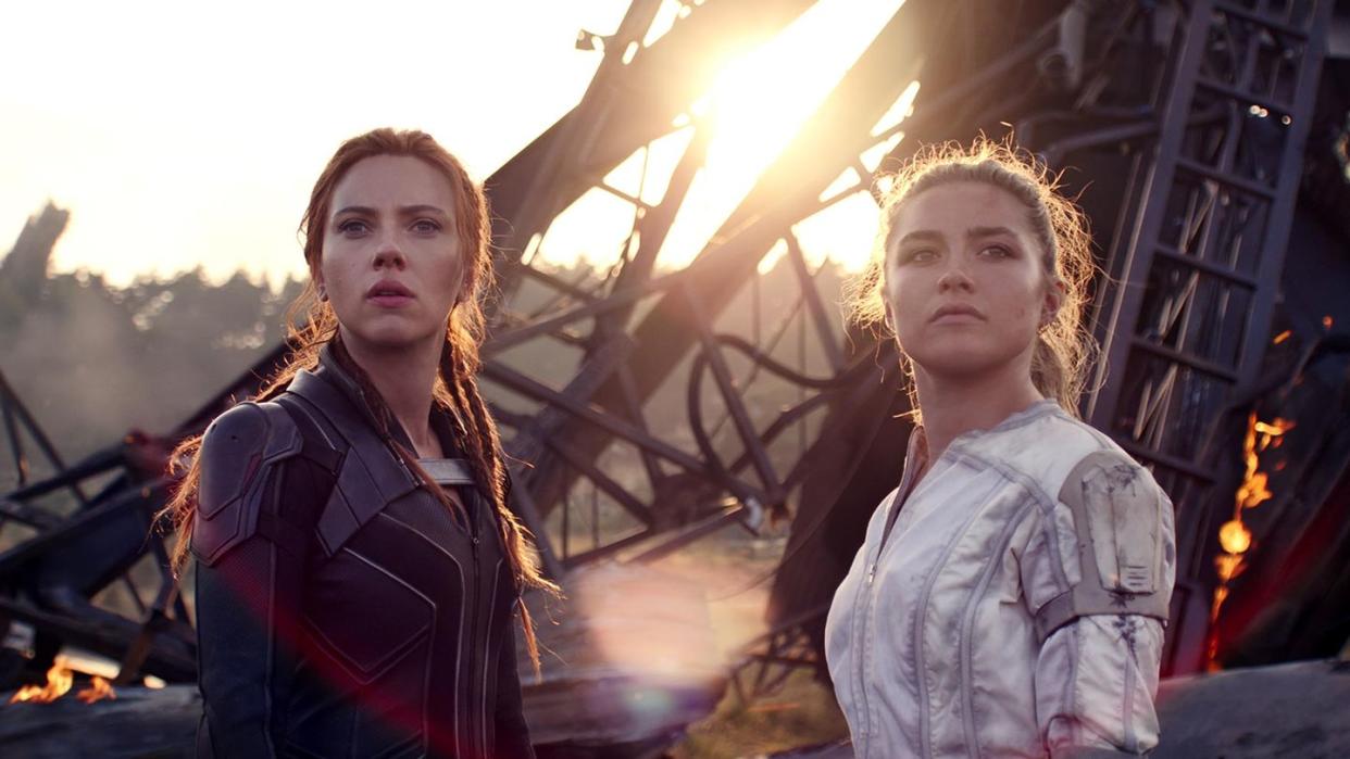 l r black widownatasha romanoff scarlett johansson and yelena florence pugh in marvel studios' black widow, in theaters and on disney with premier access photo courtesy of marvel studios ©marvel studios 2021 all rights reserved