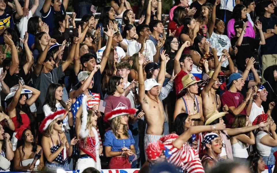 Gregori students cheer a Michael Marsden touchdown run at Gregori High School in Modesto, Calif., Friday, September 8, 2023. Gregori won the game 41-17.