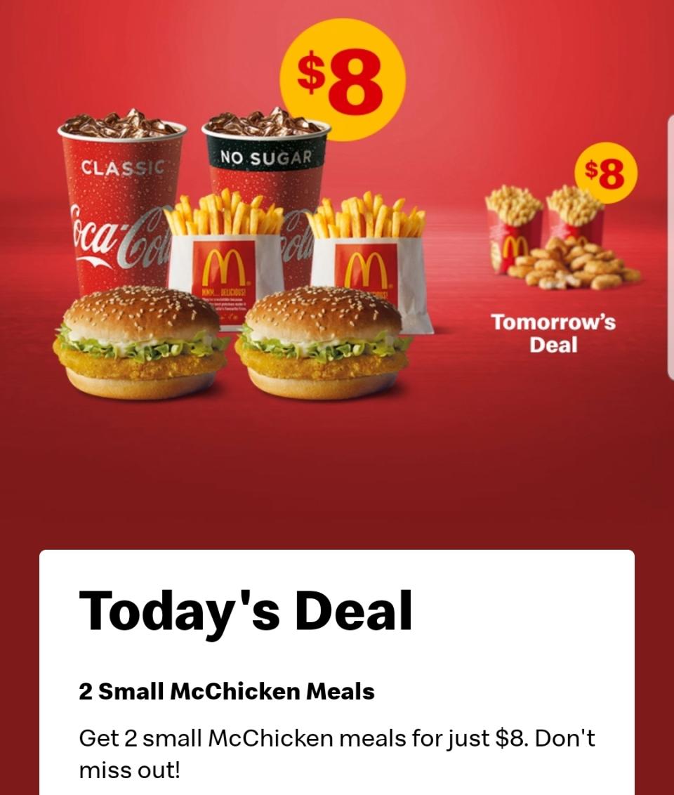 Screenshot of McDonald's deal for November 22, which is 2 small McChicken meals for $8.