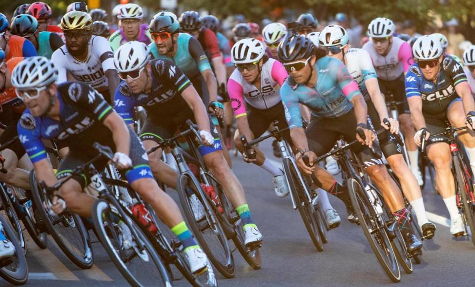 Cyclists compete in the Pro Cat 1 men’s race at the Twilight Criterium in downtown Boise on July 9, 2022