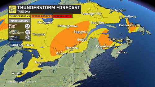 Ontario and Quebec thunderstorm risk map Tuesday