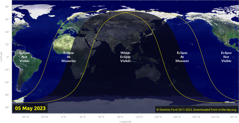 a map showing the worldwide visibility of the lunar eclipse on May 5