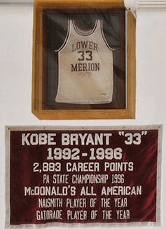 <span class="caption">Kobe Bryant’s high school jersey on display at Lower Merion High School.</span> <span class="attribution"><a class="link " href="https://upload.wikimedia.org/wikipedia/commons/7/7b/Kobe_Bryant_retired_HS2.jpg" rel="nofollow noopener" target="_blank" data-ylk="slk:Wikimedia;elm:context_link;itc:0;sec:content-canvas">Wikimedia</a></span>