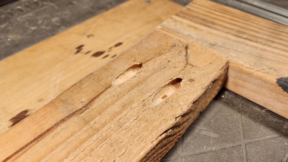 Two wooden boards joined by pocket screws. 