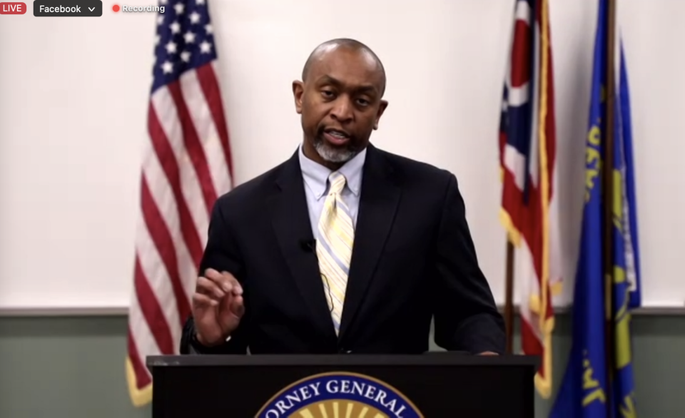 Senior Assistant Attorney General Anthony Pierson speaks during a virtual press conference about the grand jury decision on the eight police officers involved in the killing of Jayland Walker on Monday, April 17, 2023.