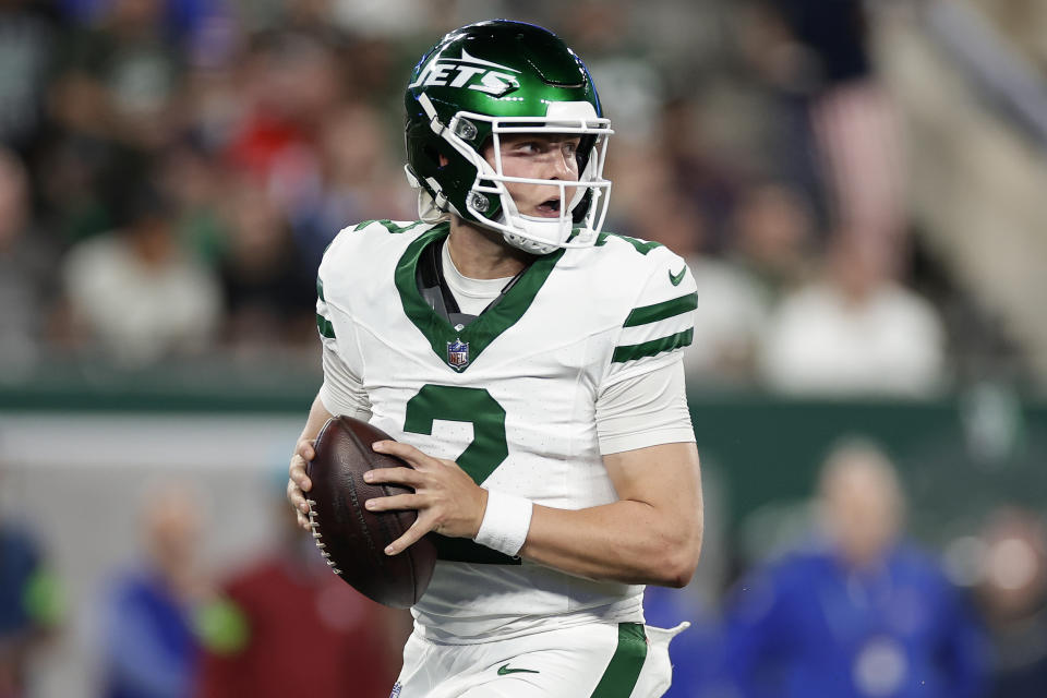 New York Jets quarterback Zach Wilson (2) looks to pass against the Buffalo Bills during the second quarter of an NFL football game, Monday, Sept. 11, 2023, in East Rutherford, N.J. (AP Photo/Adam Hunger)