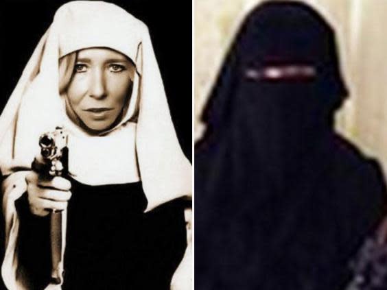 Sally Jones in her Twitter photo as Umm Hussain al-Britani, right, and in a edited photo posted online