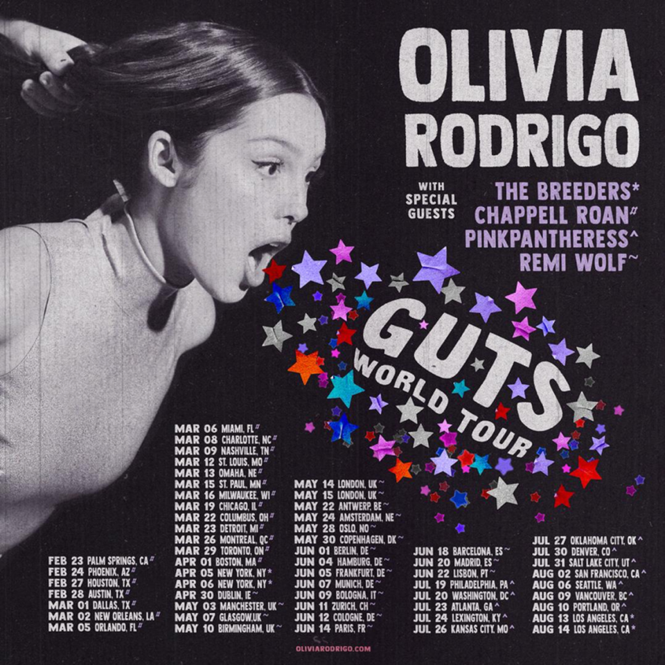 Olivia Rodrigo’s GUTS World Tour poster lists 57 dates, including March 6, 2024, in Miami.