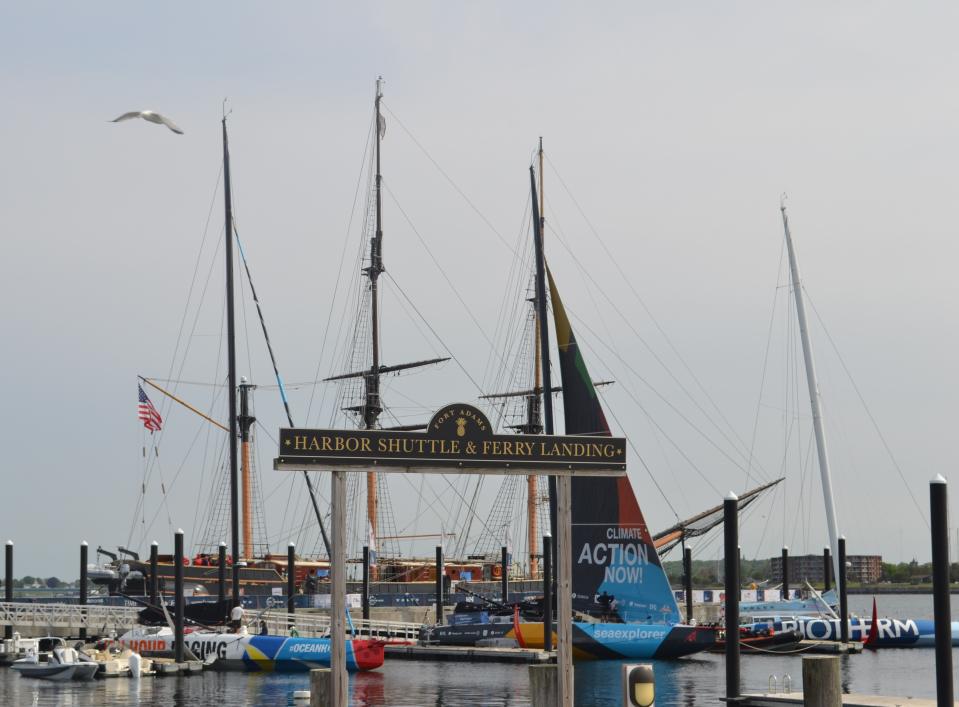 The 11th Hour Racing Team, Team Malizia and Biotherm IMOCA 60 racing sailboats docked at Fort Adams State Park in Newport, Rhode Island during the Ocean Race Newport stopover on Tuesday, May 16, 2023.